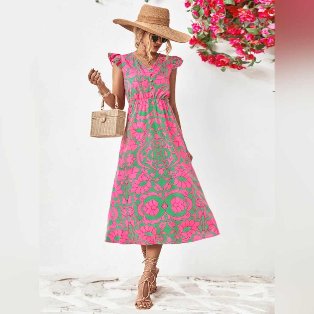 Floral V-Neck Cap Sleeve Dress - Picture 7 of 9